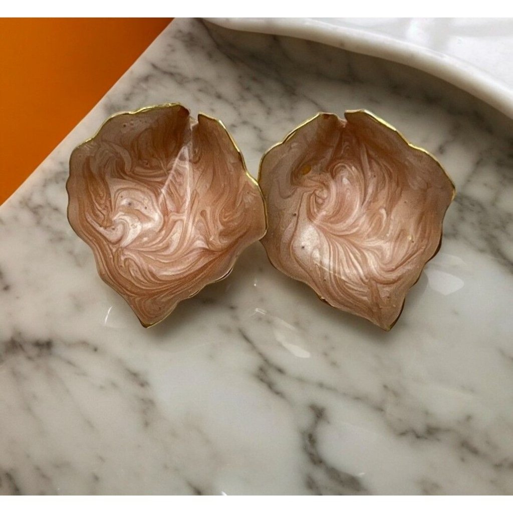 Peach Swirl Leaf Earrings Vintage Gold Tone Enamel Studs Floral